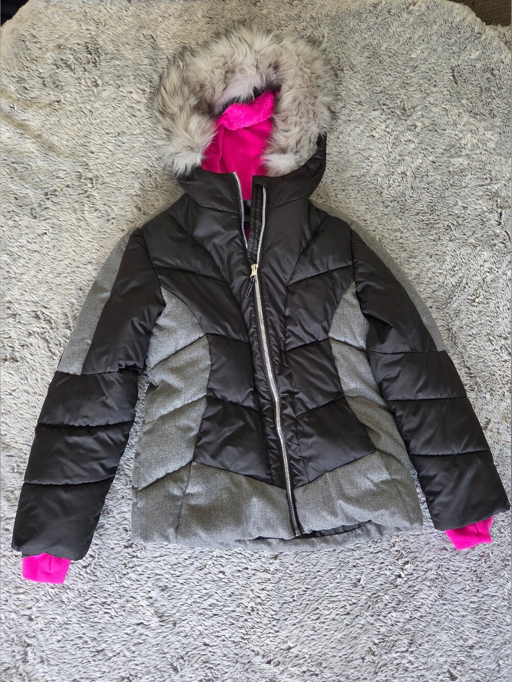 Kids ZeroXposur Two-Tone Puffer Coat with Faux Fur Hood 10/12